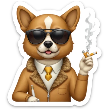 A dog with sunglasses is smoking a cigarette, dollars are flying at him. sticker