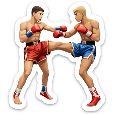 An icon symbolizing kickboxing, featuring two fighters in the ring. One throws a powerful high kick, while the other counters with a punch. The background shows a boxing ring with ropes and a crowd in the distance. Transparent background emphasizes the dynamic energy sticker