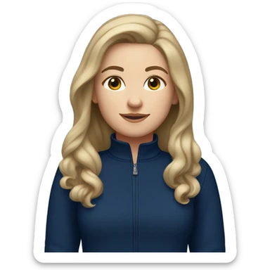 a white girl with dark blonde hair wearing a navy blue 3/4 zip sweatshirt sticker