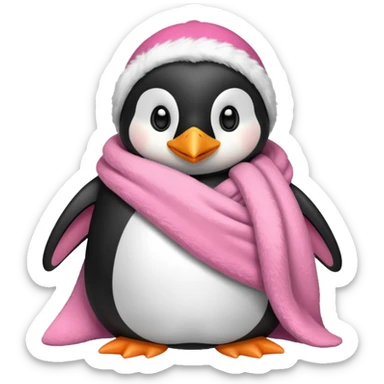 Ein Pinguin mit einer Kuschel Decke in Rosa der sich ein Kuschelt sticker