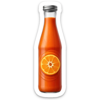 tall clear bottle filled with vibrant red-orange soup, slightly textured and opaque, soft ripples visible through the glass, chilled vegetable blend, capped with metal lid, no label or garnish, sealed bottle, apple emoji style, soft lighting, subtle shadows, transparent background, emoji scale sticker