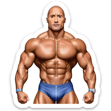 Dwayne Johnson, oiled and posing at the Mr. Universe bodybuilding championship, showcasing his muscular physique in an iconic display of strength. The background features the stage with judges and audience, capturing the intensity and prestige of the competition. Transparent background. sticker