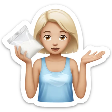 Girl shrugging holding a clear plastic bag with white powder sticker