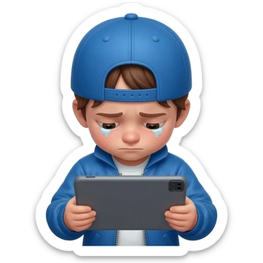 Skinny as fuck white child brown hair with a blue baseball hat and jacket watching YouTube for 24 hours straight On a big as fuck iPad with super diluted and baggy eyes with red lines in the eyes sticker