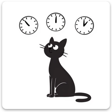 black cat waiting for salary looks at clocks sticker