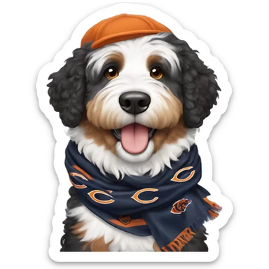 Bernedoodle with chicago bears hat and scarf sticker