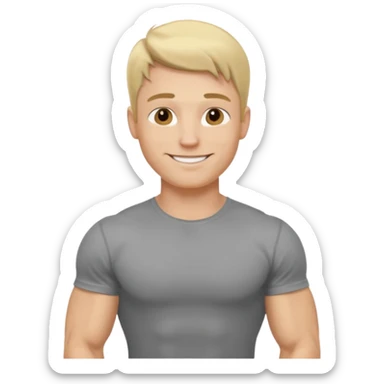 fais le meme blond, tee shirt gris mais musclé et fin qui sourie et ça s'arrête à la taille sticker