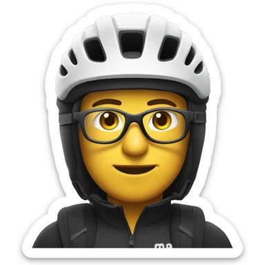 Mountain bike rider in full cover felmet with glasses sticker
