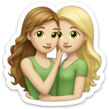 Two girls hugging: one has brown hair and brown eyes, and the other is blonde with green eyes. sticker