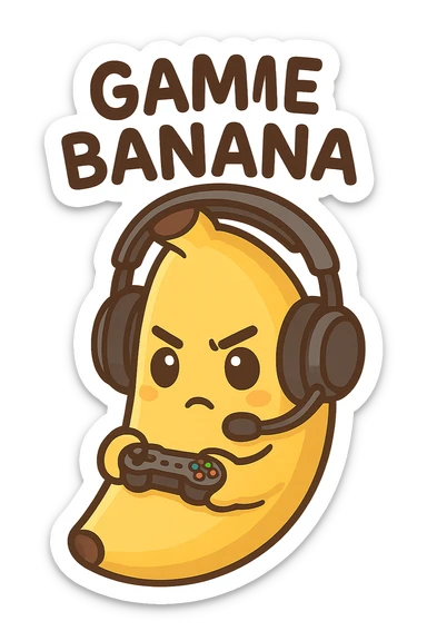 Cartoon banana wearing headset, holding tiny controller, focused expression, text above: "NE BANANA", chibi style, Twitch emoji style, transparent background, colorful sticker