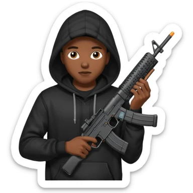 
Fais moi un jeune afro américain qui ressemble a un gangster qui tient une AR15 avec un hoodie a capuche, capuché sticker