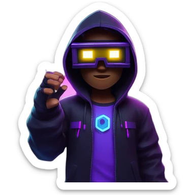 Minecraft hero wearing a black hoodie with "OMG" letters on it and VR headset in a cyberpunk VR environment with violet neon lighting. sticker
