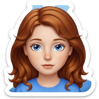 girl with warm brown slightly wavy hair, blue eyes, lots of freckles, apple emoji style sticker