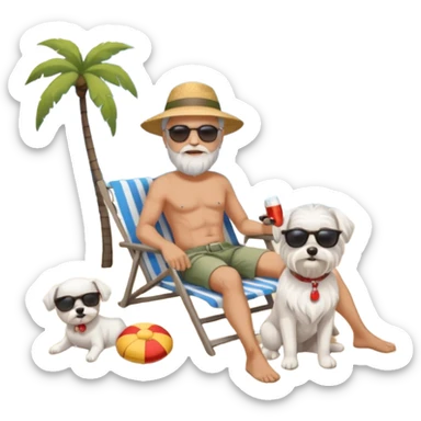 white man grey hair beard holding a white Maltese relaxing on a beach full body sticker