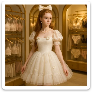 A sweet, fair-skinned princess with long hair, high forehead, princess hairstyle with bow, half-draped, in a white puffy tulle Lolita dress with puff sleeves, tube top, multi-layer tulle skirt, flower decorations, pearl jewelry, white lace-up high heels, standing in a store with elegant lingerie, golden arches, soft lighting, 8k, high definition, full body, long shot, 1:1 ratio, unique angle. sticker