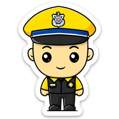 Russian police officer with yellow uniform and yellow police hat sticker