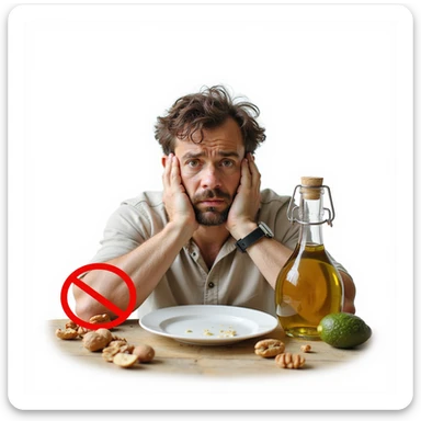 realistic man with dull hair and dry skin sitting at table with empty plate and bottle of olive oil, nuts, and avocado crossed out by a prohibition sign, worried expression, Italian caption: 'Mancanza di grassi buoni: salute ed estetica a rischio', isolated on white background sticker