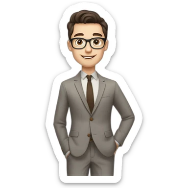 Pale skinned fit man with dark brown hair in gray jacket, beige office shirt, brown tie, brown pants and vintage glasses Writing on the flipchart sticker