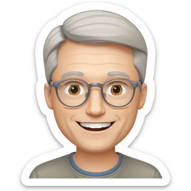 40 yr old pale white man, grey side swept hair, round glasses, big smile, white teeth, handsome, longer hair, thin glasses, no wrinkles sticker