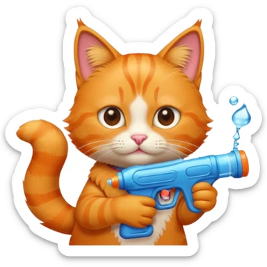 orange tabby cat, mischievous, holding a water gun, emoji style sticker