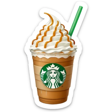 A 3D cartoon Starbucks Frappuccino cup with whipped cream and caramel drizzle, frosty texture, green straw, transparent cup with logo, soft cool lighting, Memoji-style. sticker