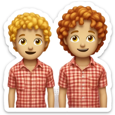 one boy in a yellow-red checkered shirt red t-shirt yellow slightly curly hair right pupil looking to the right and left pupil looking to the left, a bit stupid sticker