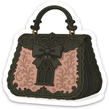 Pink and black gothic purse in Ghibli style, ornate details, lace, elegant, whimsical, soft lighting, no background sticker