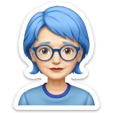 old lady with blue hair, wearing glasses, slight curl sticker