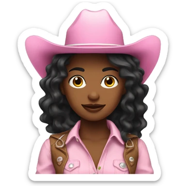 white cowgirl with black wavy hair wearing a pink cowgirl hat sticker
