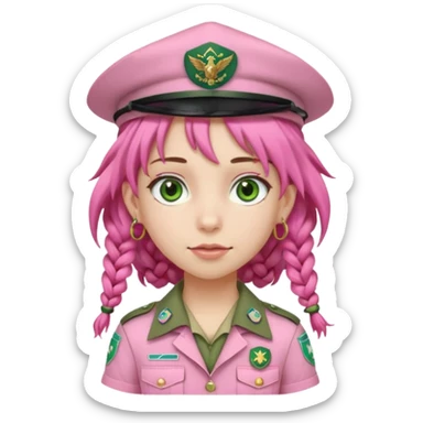very pretty girl big green eyes, scout girl with pretty pink uniform, pink dreadlocks, and big earrings and scouts hat sticker