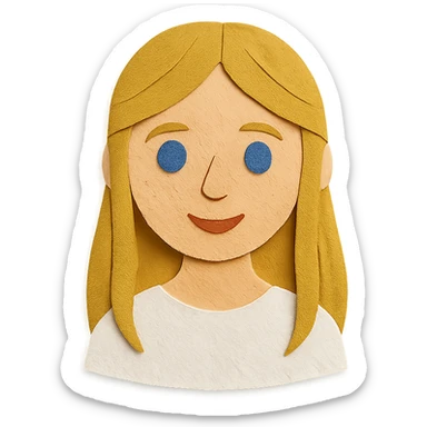 girl with long dirty blond hair, blue eyes, wearing a white top in paper craft style sticker