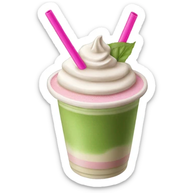 Matcha latte with ice and a pink straw sticker