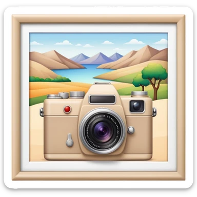 A beige camera and next to it a landscape photograph of the frame behind the camera sticker