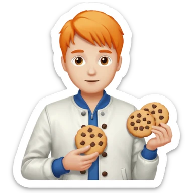 A guy with orange and white hair white jacket and holding cookies sticker