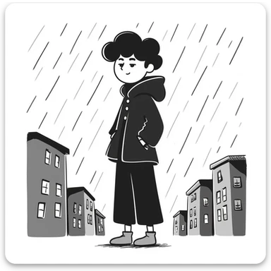 Anime boy protagonist standing in pouring rain, dramatic anime scene sticker