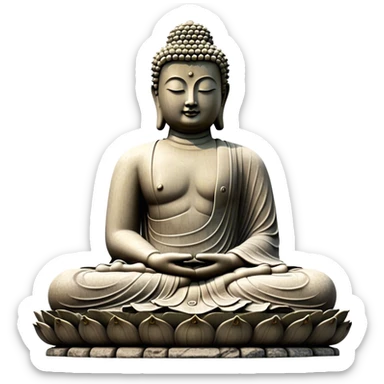 Cinematic Realistic image of the Big Buddha Monument of Sinheungsa Temple, portrayed as a towering, serene Buddha statue carved from weathered stone with intricate details and a gentle meditative expression, set within an ancient temple landscape enveloped in soft, ethereal lighting that underscores its spiritual majesty. sticker