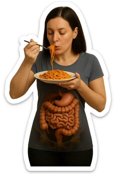 donna con intestino umano anatomico in evidenza che mangia un piatto di pasta, iperrealistico 4k sticker