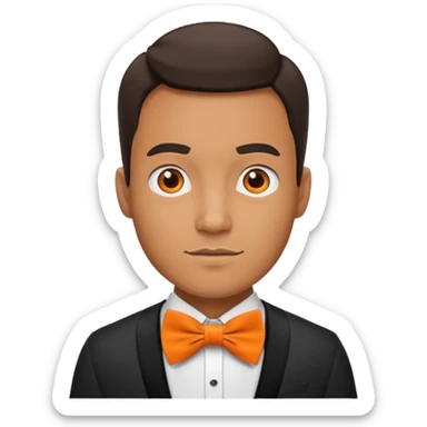 a bold man with orange bowtie sticker