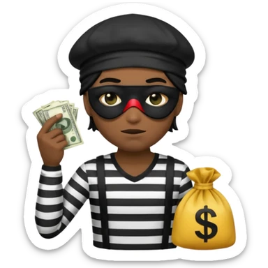 a short ios emoji-style portrait of a classic burglar, a black eye mask (looks like a blindfold) and a black-and-white striped shirt. emoji-like hair, black hat, ONE bag of money 💰 with a dollar sign in a right corner, evil expression WITHOUT a hand  sticker