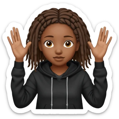 African American girl dark skin complextion a l with short brown dreadlock braids wearing plain black hoodie with hands raised sticker