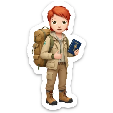 red haired Traveler character with passport, backpacker,  sticker