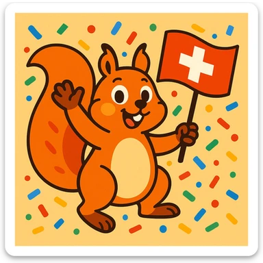 playful squirrel surrounded by confetti, waving a Swiss flag, colorful and lively sticker