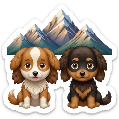 two dogs with wavy hair, one black and brown, one shades of brown with mountains sticker
