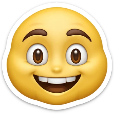 A hyper-realistic 3D render of a cartoon-style emoji face with exaggerated features. The emoji has a bright yellow, smooth, rounded face with large, shiny, expressive brown eyes and raised dark brown eyebrows. It shows an extremely wide, exaggerated smile with perfectly aligned, large  sticker