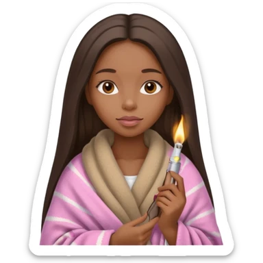 Curvy, light brown long hair, pretty black girl light pink lipgloss wrapped in blanket holding a lighter and blunt sticker