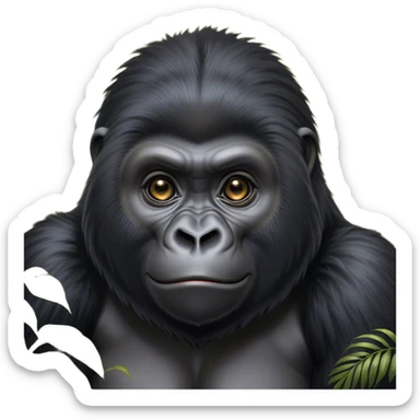 Cinematic Cute mountain Gorilla Portrait Emoji, Head tilted playfully and inquisitively, with a robust build accented by a striking black and grey mane and round, sparkling eyes full of gentle charm, Simplified yet irresistibly adorable features, highly detailed, glowing with a warm, friendly jungle glow, high shine, affectionate and lively, stylized with a touch of endearing primate whimsy, soft glowing outline, capturing the essence of a mischievous yet loving mountain that feels like it could lumber out of the screen into your arms! sticker