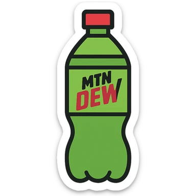 modern icon of a Mountain Dew bottle, clean lines, simple shapes, green and red color accents, minimalistic, easily recognizable beverage bottle sticker