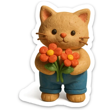a chubby kitten dressed in pants and holding flowers sticker