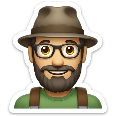 happy smile gardener face long dark beard and very short dark hair round glasses brown eyes and a hat sticker