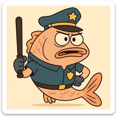 a police fish holding a baton, playful style sticker